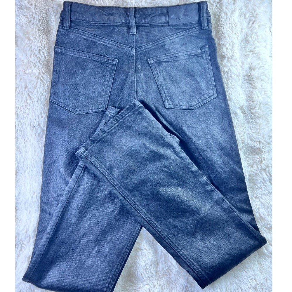 Lauren Ralph Lauren Coated Black Denim Jeans Metallic Sheen Slim Size 6. A19